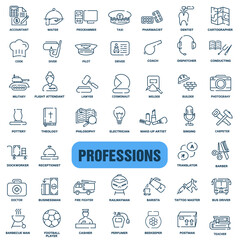 Professions and career. Thin line icons set with space. Set of icons of various professions.