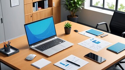 A modern office desk with a laptop, documents, a pen, a smartphone and a mouse.