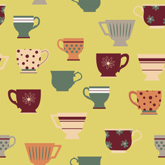 colored cups Seamless pattern from different. Tea, coffee, drinks. Perfect for wallpapers, gift paper, greeting cards, fabrics, textiles, web designs. Hand-drawn. Vector illustration.