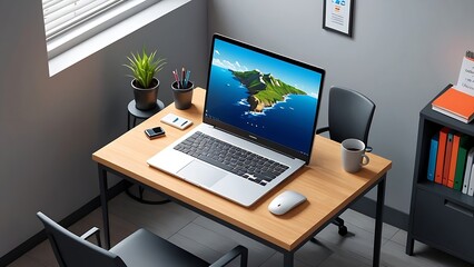Fototapeta premium Laptop on a wooden desk with a cup of coffee, a wireless mouse, and a potted plant.