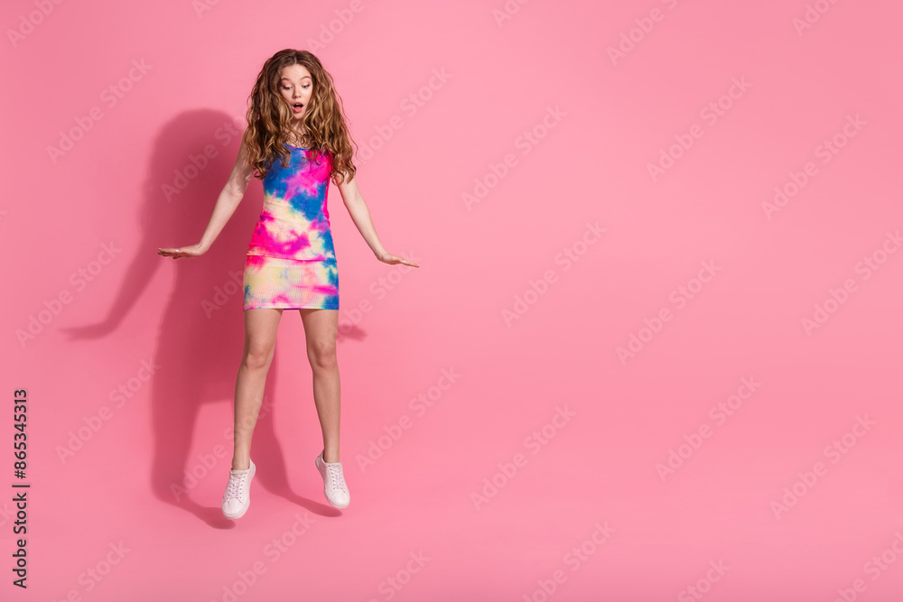 Wall mural full length photo of cheerful pretty lady dressed vintage clothes jumping falling empty space isolat