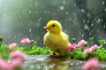 A small yellow baby chicken rest on beautiful garden with pink flower in the middle of forest in rainy
