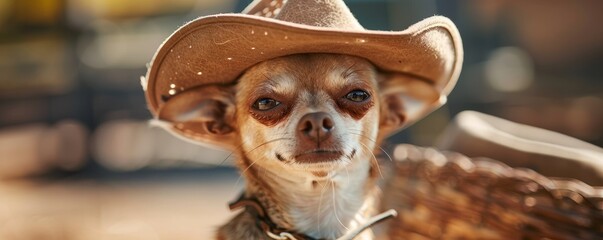 Amusing portraiture of Chihuahua donning a cowboy chapeau; canine, pet, animal, humor, Western