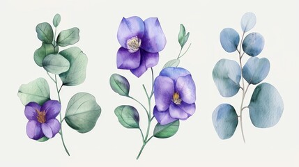 Set of watercolor hand painted eucalyptus leaves and purple saffron flowers.