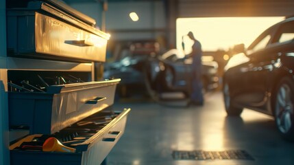 Obraz premium Auto mechanic repairs car in workshop, selective focus on drawer of tools. vehicle maintenance, automotive repair, technician, garage, equipment