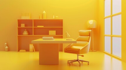Small Yellow Contemporary Home Office Setup with Bookshelf Wall Clock Calculator Desk Lamp and Files 3d illustration