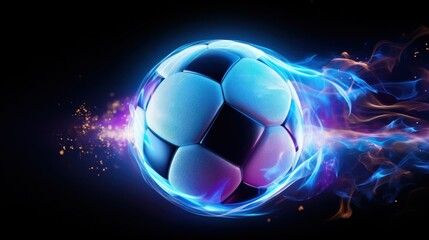 Naklejka premium A photorealistic soccer ball glowing with an intense neon blue aura,
