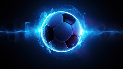 A photorealistic soccer ball glowing with an intense neon blue aura,
