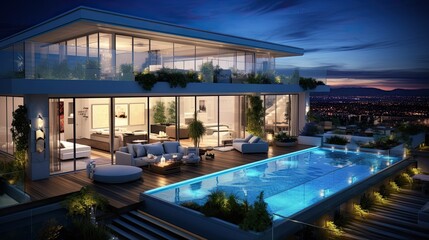 Obraz premium Luxurious Modern Home Overlooking Twilight Cityscape
