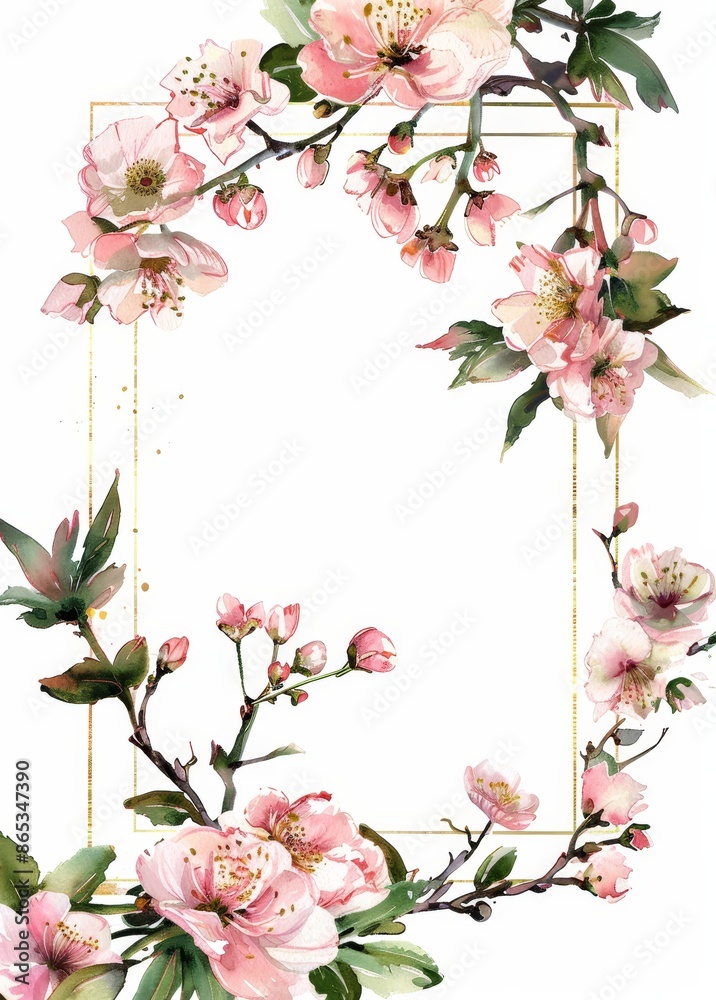 Canvas Prints Pink flower and almond leaf watercolor frame.