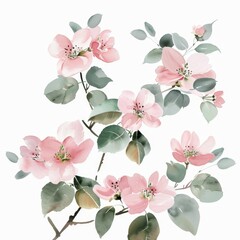 An almond leaf and pink flower bouquet in watercolor.