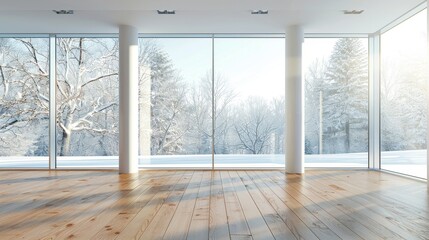 An empty room with a big panoramic window looking out at the snowy winter view, wooden parquet floor, corrugated roof, modern minimal architecture concept, design idea.