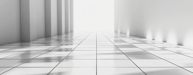 3D render of white tile floor background in perspective. Clean, shiny and symmetric with grid line texture. Use to decorate a bathroom, kitchen, laundry room. As well as an empty or copy space for
