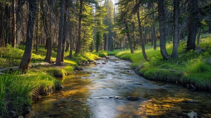 Obraz premium A clear stream winding through a peaceful forest with tall trees