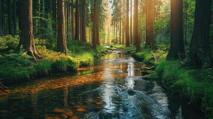 Obraz premium A clear stream winding through a peaceful forest with tall trees