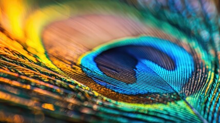 Fototapeta premium A close-up of a vibrant peacock feather, highlighting intricate details and beauty