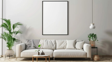 Frame mockup living room wall poster mockup. Interior mockup with house background. Modern interior design. 3D render
