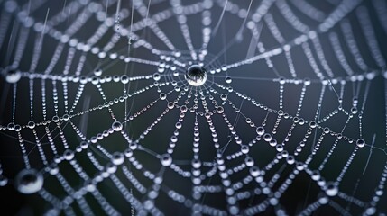 Obraz premium A close-up of water droplets on a spider web, highlighting precision and intricacy