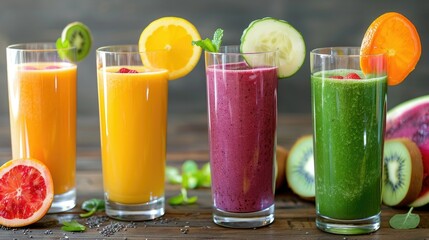 Fototapeta premium A colorful array of smoothies in glasses with fruit and vegetable garnishes