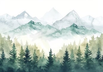 Fototapeta premium Mountainous and spruce-forested watercolor winter landscape.