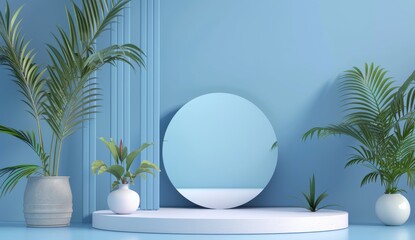 Product presentation podium mock up, blue background, 3D render