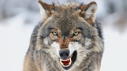 Obraz premium Angry wolf is standing in the snow with its mouth open and teeth bared