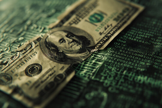 A single, digitized dollar bill caught in a neon storm of binary code, symbolizing the clash between traditional and digital currencies.