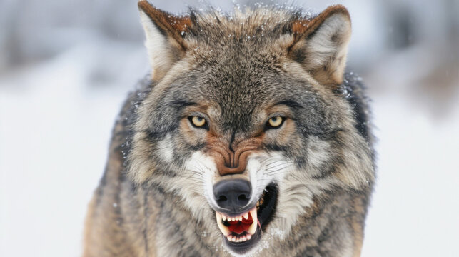 Angry wolf is standing in the snow with its mouth open and teeth bared