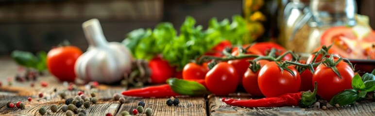 Fresh Vegetables and Spices on Rustic Table