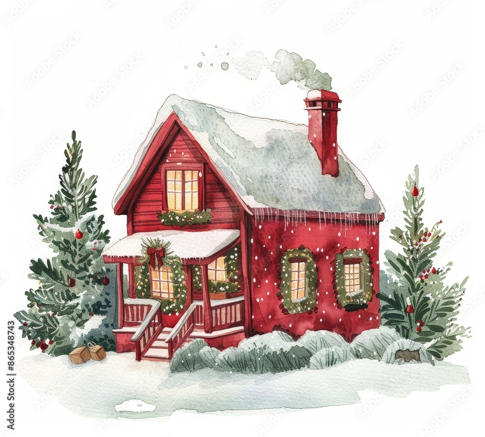 Wall mural isolated watercolor christmas red house.