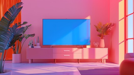view of the living room where a sleek smart TV with a simple blue screen sits atop a minimalist cabinet, blending seamlessly into a digitally enhanced environment with vibrant colors and modern decor.