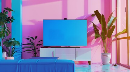 view of the living room where a sleek smart TV with a simple blue screen sits atop a minimalist cabinet, blending seamlessly into a digitally enhanced environment with vibrant colors and modern decor.