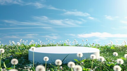 Product presentation with sky background and white podium.