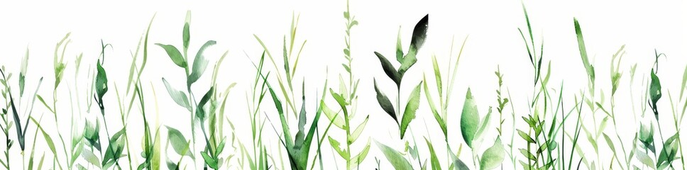 Fototapeta premium An isolated green grass border with watercolor on a white background. This is a perfect solution for wedding invitations, digital projects, Easter, Mother's Day cards, textiles, stationery design,