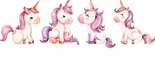 Fototapeta premium This cute watercolor unicorn design is isolated on a white background and can be used for baby shirt designs, nursery decor, greeting cards, posters, and D.I.Y.