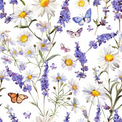 Flowing wildflowers and butterflies watercolor seamless pattern.