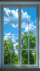 The window offers a scenic view of trees and the clear blue sky