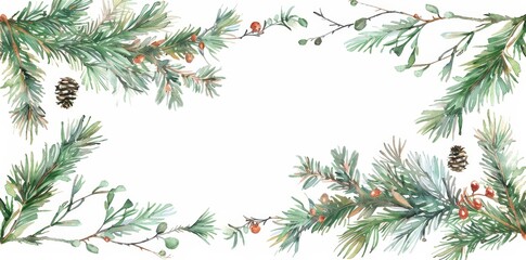 Frame set with Christmas greenery and fir branches. Handpainted watercolor illustration for holiday cards and invitations.