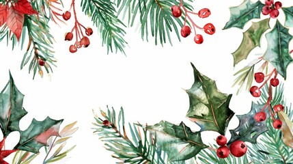 Hand painted poinsettia flowers, pine tree branches, holly, red berries. Modern arrangement for weddings, stationery, invitations, greeting cards.