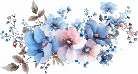 Watercolor modern dusty blue flower wreath, delicate clipart with the image of winter flowers. Ideal for wedding invitations, date saving, home decor.