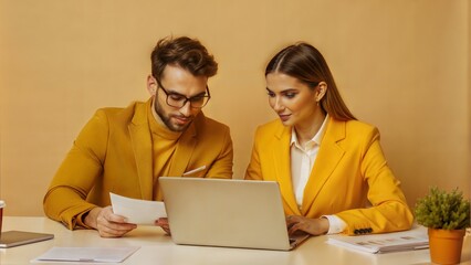 A pair of business partners in a modern office setting, discussing economic projections with financial documents and a laptop.	
