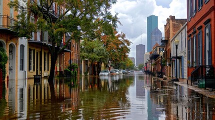 Fototapeta premium Deserted urban cityscape with submerged structures due to catastrophic rainfall - water damage, urban flooding, disaster