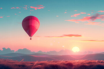 Fototapeta premium Red hot air balloon in sunset sky over serene landscape, travel adventure concept