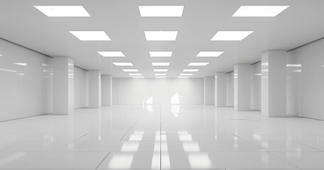 Obraz premium A huge white room with a reflective floor and square lights on the ceiling. 3D rendering