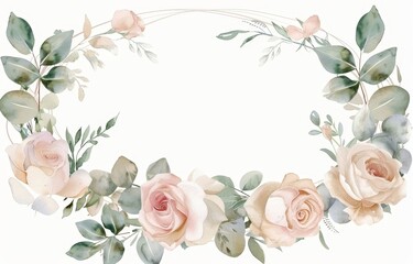 Fototapeta premium Hand painted pink roses and eucalyptus leaves. Watercolor decorative oval frame. Wedding stationary, greeting cards, wallpapers, fashion, fabric, home decoration.
