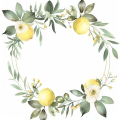 Hand-painted watercolor contemporary frame with lemons, olives, and green foliage. Yellow fruits isolated on white background. Greenery clipart for cards, decorations.
