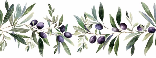 This watercolor modern border displays olives with green foliage. It is suitable for textiles, decor, prints, fabrics, fashion, and invitations.