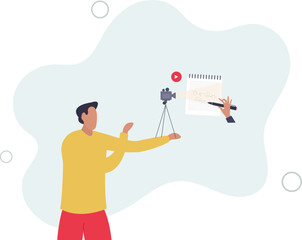 Video script and screenplay text writing work for movie.Shooting scene paper instructions and scenario document for television..flat illustration.