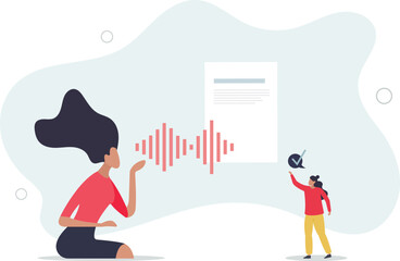 AI transcription software as speech into text transcript. Talking language conversion to written document.flat illustration.