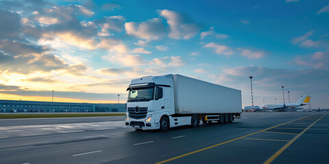 Naklejka premium Delivery Truck Against Airport Skyline